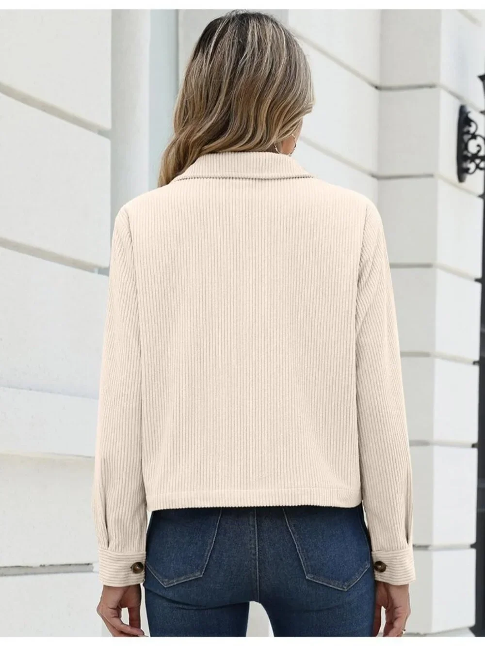 Women's Beige Fashion Cropped Corduroy Button Down Long Sleeve Trendy Jacket